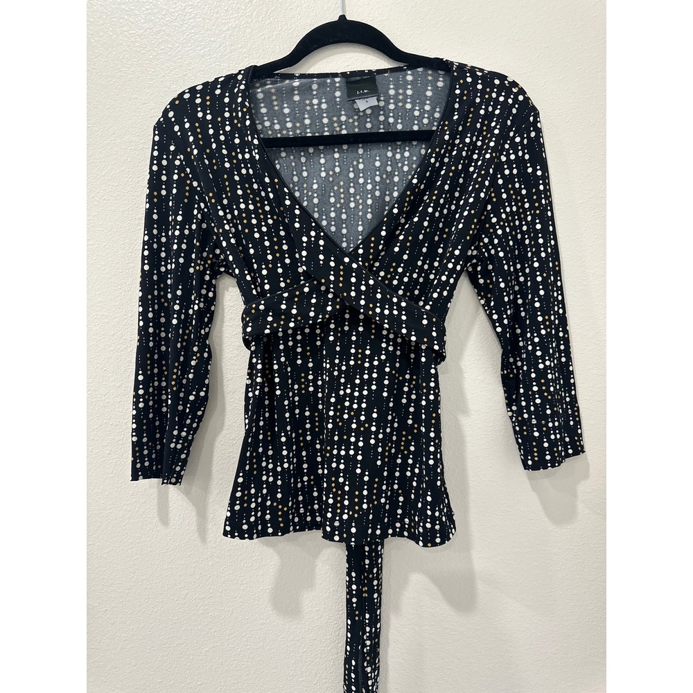 Y2K J.T.B Black Polka Dot Wrap Tie Back V-Neck Blouse Top Small